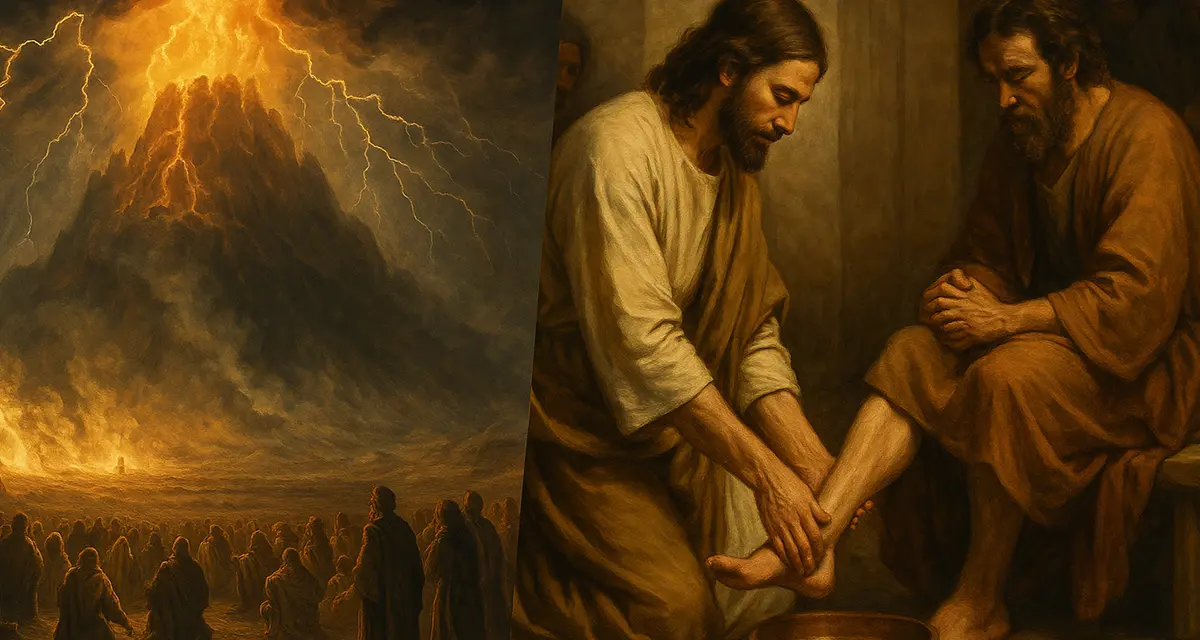 Diptych artwork showing the contrast between God's holiness and humility: on the left, a fiery Mount Sinai engulfed in smoke and lightning with people trembling below; on the right, Jesus humbly washing a disciple's feet in a quiet, warm-lit room. The image illustrates the continuity between the awe-inspiring God of the Old Testament and the servant-hearted Savior of the New Testament.