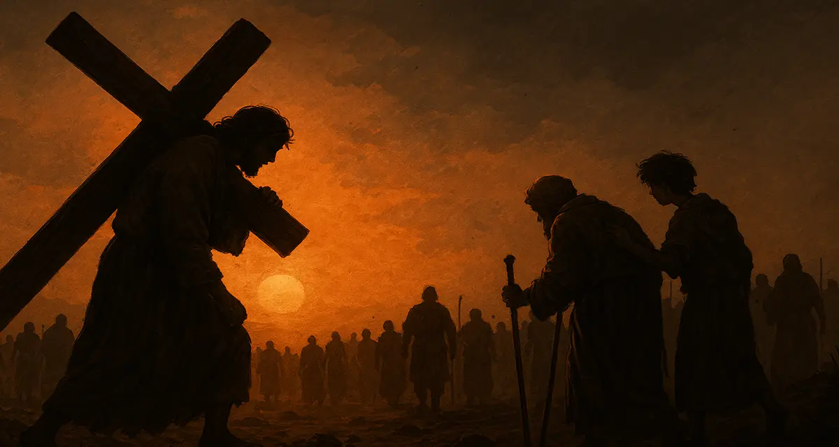 Jesus carrying a wooden cross on his shoulder at sunset, walking through a rugged landscape with a group of followers behind him, including a young boy helping an elderly man, symbolizing sacrifice, servanthood, and the eternal consequence of the Gospel.