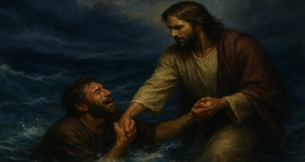 A dramatic painting of Jesus reaching into stormy waters to rescue Peter, whose face shows anguish and desperation. The waves swirl violently under a moody dusk sky, but Jesus holds Peter firmly, symbolizing divine grace, rescue, and unwavering presence in the midst of suffering and doubt.