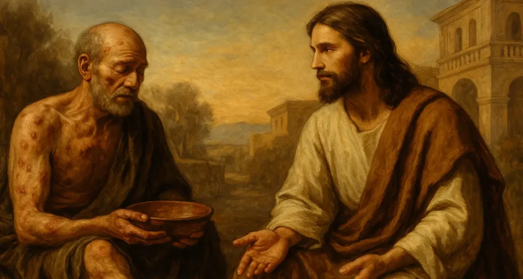 A traditional-style painting depicting a weathered beggar seated on the ground beside a radiant, compassionate figure representing Jesus Christ. The beggar appears frail and covered in sores, while Jesus gently turns toward him with calm attentiveness, calling him by name. The background suggests a sunlit ancient city street, with warm earthy tones evoking a sense of quiet mercy and spiritual dignity.