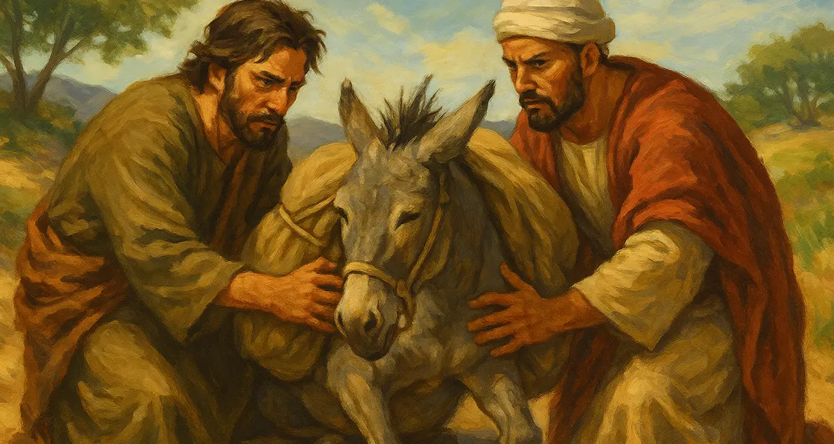 Two men gently assist a weary donkey that has collapsed under a heavy load on a dusty path, set against a warm, sunlit landscape. One man wears olive robes and the other red, both showing deep concern and compassion in their expressions and touch—visually reflecting the biblical command to love even those considered enemies.