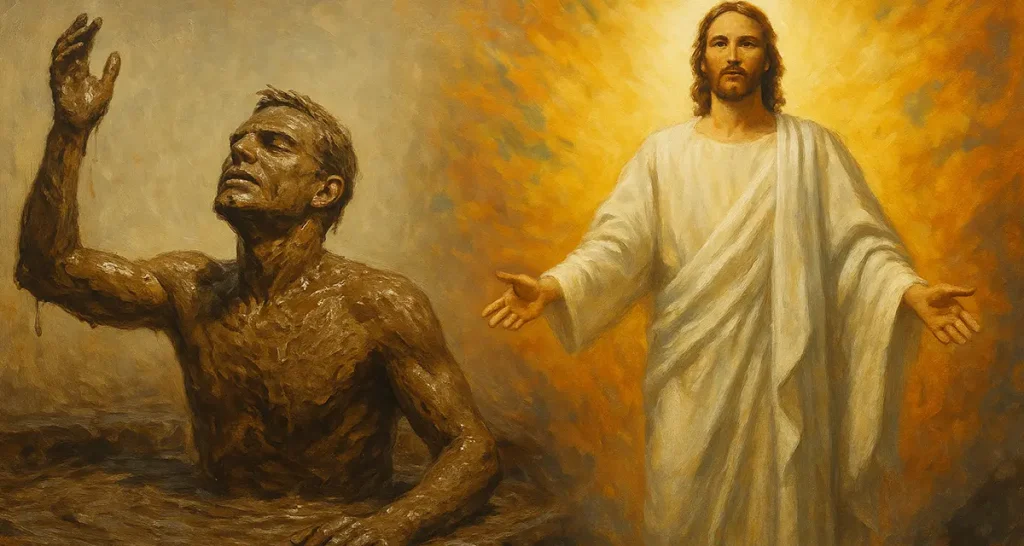 A symbolic painting showing the contrast between presumption and resurrection life: on the left, a man covered in mud struggles upward, representing presumption and self-reliance; on the right, Christ in radiant white robes extends His arms in light, symbolizing grace, resurrection, and true transformation.
