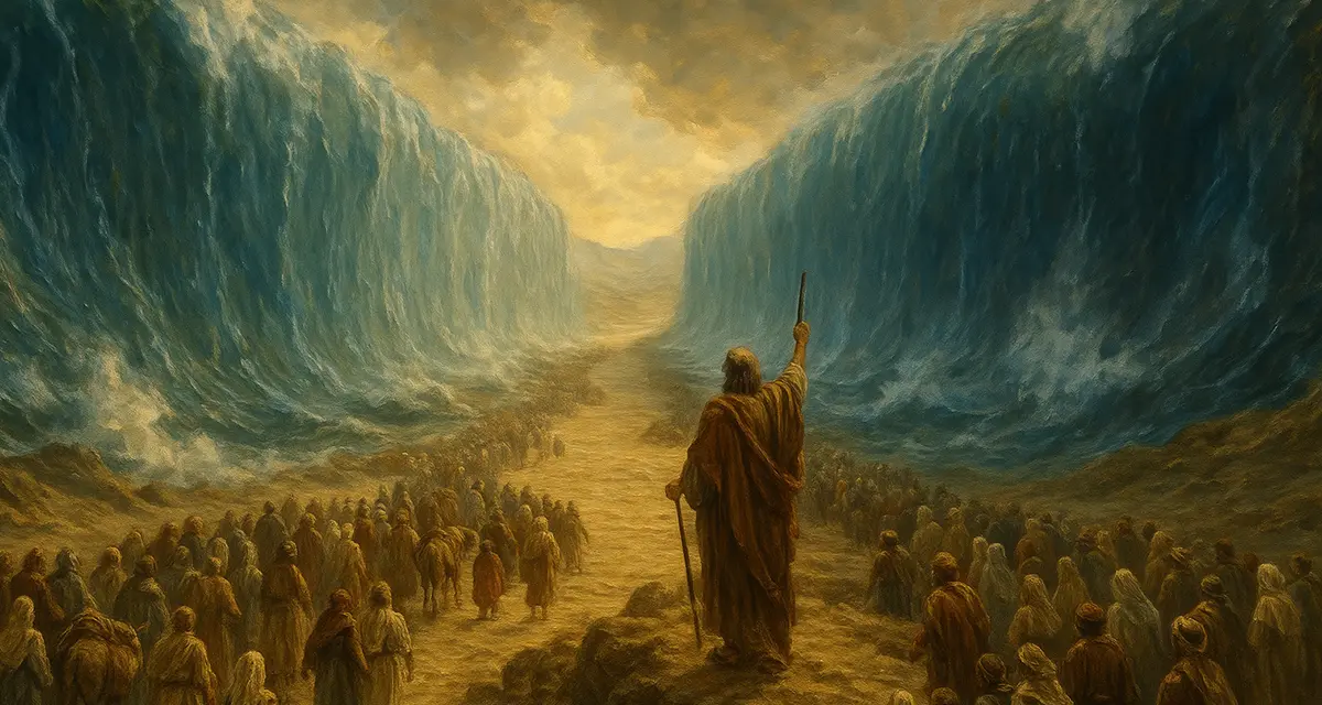 A dramatic biblical scene of the Red Sea parting, with massive walls of water on both sides and a multitude of Israelites walking across dry ground, illuminated by divine light breaking through the clouds, while Pharaoh’s army lingers in the distance.