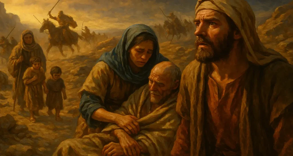 Ancient Israelites fleeing through a rocky desert as Amalekite warriors attack the rear, with a bearded man watching anxiously, a woman comforting an elderly man, and children walking beside them under a dramatic sunset sky — symbolizing responsible citizenship, vulnerability, and spiritual awakening.