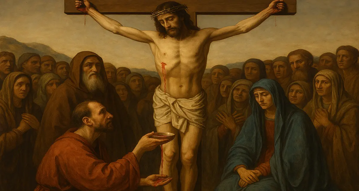 A classical-style oil painting depicting the crucifixion of Jesus at the center, crowned with thorns and bleeding from His hands, feet, and pierced side. A kneeling man in red robes reverently catches the flowing blood in a chalice, symbolizing the reception of Christ's sacrifice. Surrounding them is a solemn crowd, including a sorrowful woman in a blue cloak and an elderly man in brown, all reflecting varied emotional responses. The warm, muted tones evoke the weight and sacredness of the moment, emphasizing the cost of forgiveness and the invitation to choose the King.