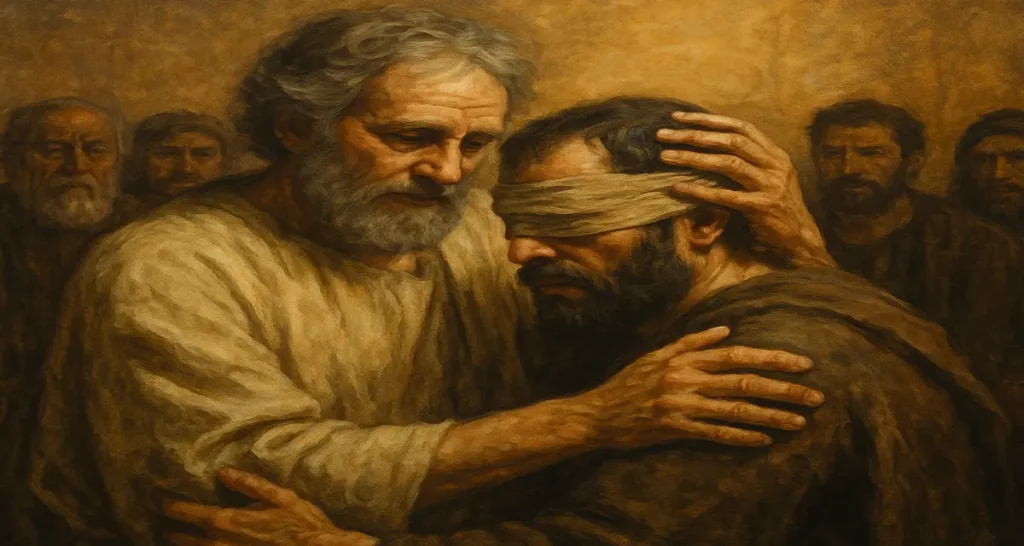 A traditional oil painting portraying the scandal of grace, where a bearded man gently embraces a blindfolded figure in a gesture of forgiveness and reconciliation; surrounding onlookers reflect the tension between justice and mercy, evoking the biblical moment when Ananias calls Saul “brother.”