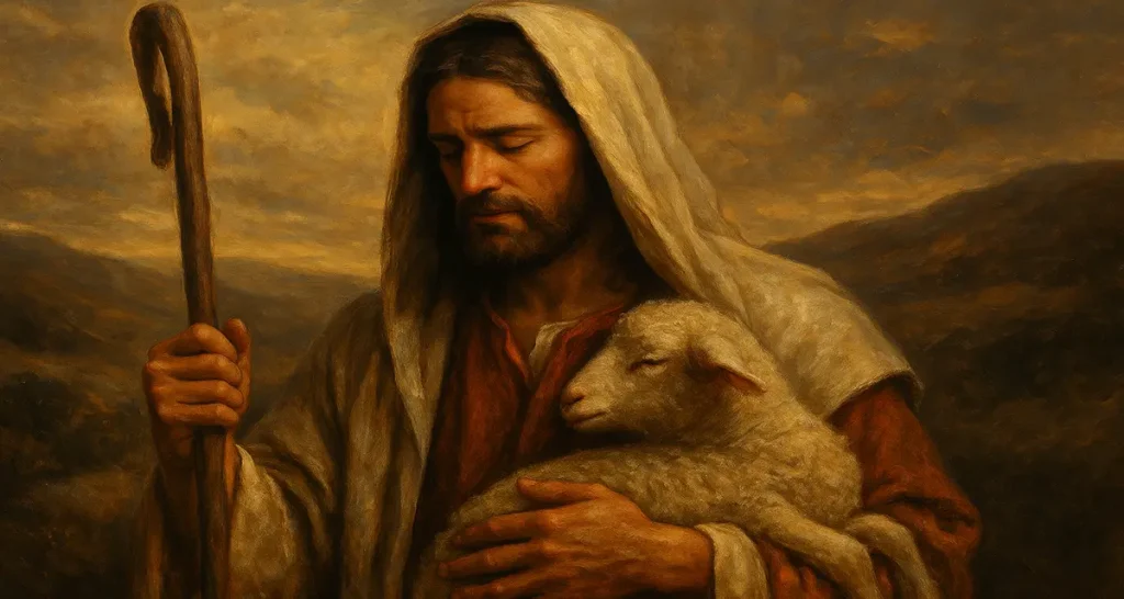 A traditional oil painting depicting Jesus as the Good Shepherd, gently cradling a sheep in His arm while standing in a golden-lit, pastoral landscape. His serene expression and calm presence reflect divine care, strength, and the unshakable bond between the Shepherd and His sheep.