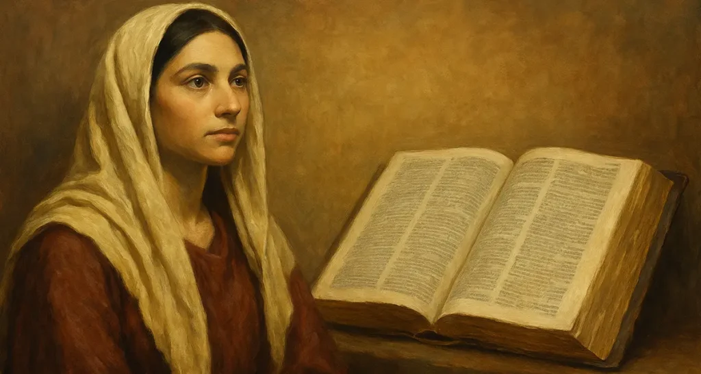 A traditional realism-style oil painting depicting a serene Middle Eastern woman in a maroon robe and beige headscarf, gazing thoughtfully upward. She sits beside an open, aged Bible on a wooden table, set against a warm, earthy-toned background. The lighting highlights the texture of the fabric and the worn pages of the book, evoking reverence and quiet dignity.