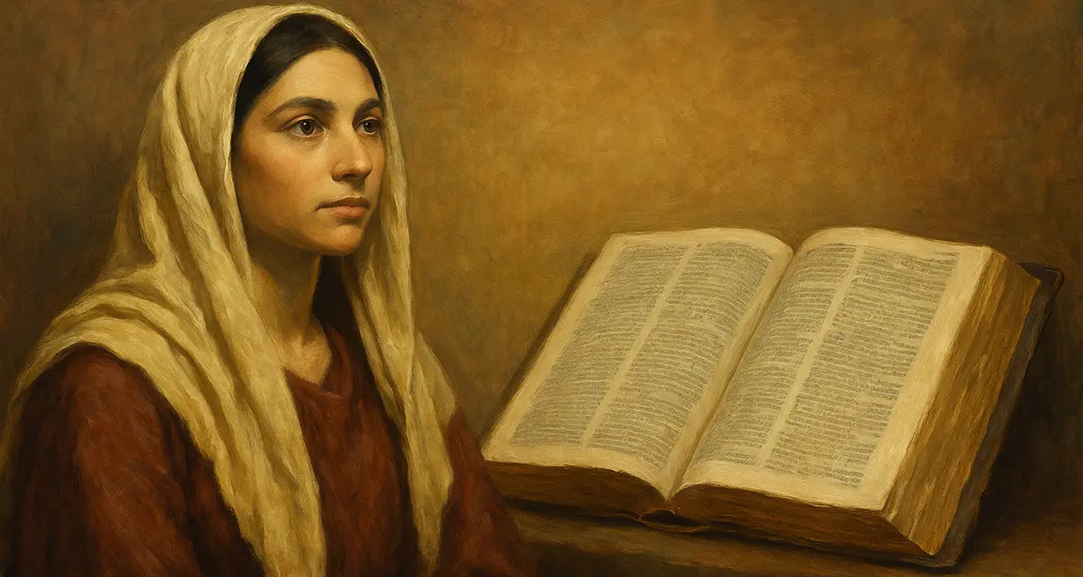 A traditional realism-style oil painting depicting a serene Middle Eastern woman in a maroon robe and beige headscarf, gazing thoughtfully upward. She sits beside an open, aged Bible on a wooden table, set against a warm, earthy-toned background. The lighting highlights the texture of the fabric and the worn pages of the book, evoking reverence and quiet dignity.