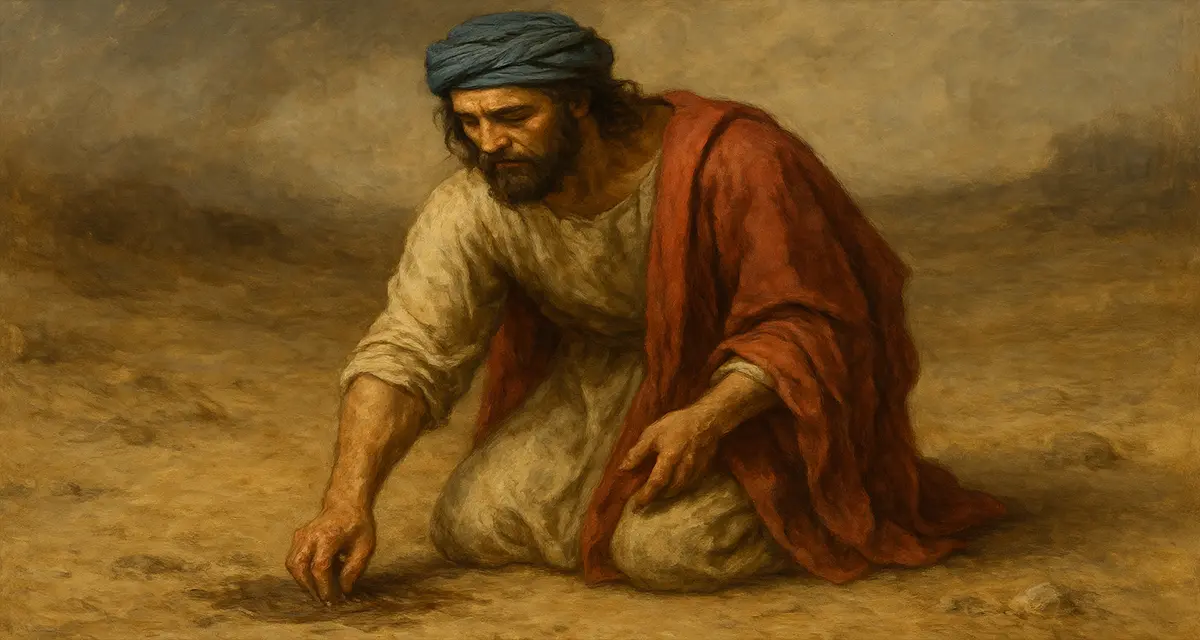 An oil painting of Jesus Christ kneeling on a dusty, barren ground, his robe and hand soiled with mud as he gently touches the earth. The scene reflects a deep, contemplative moment where divine holiness embraces human dirt, illustrating the sacred mystery of a God who is unafraid to enter the mess of creation.