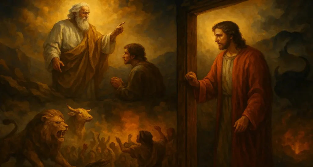 A symbolic painting divided into two scenes: above, a radiant divine figure in white gestures toward a kneeling man, representing heavenly mediation; below, a chaotic scene unfolds outside a door—people worship an idol, a lion prowls, and a snake coils—while inside, a peaceful figure in red contemplates the danger, illustrating the spiritual tension between sin, evil, and divine communion at the threshold of the heart.