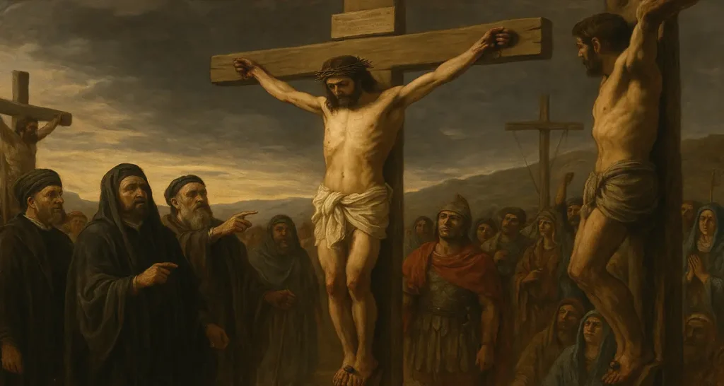 A traditional oil painting of Jesus Christ on the cross at Calvary under a dramatic, darkened sky. A diverse crowd surrounds the scene—Roman soldiers, priests, bystanders, and one of the criminals—each showing varying emotions of mockery, confusion, sorrow, and awe. The warm earthy tones of the onlookers contrast with the cold stillness of Christ’s suffering, emphasizing His silence and divine restraint amid human chaos.