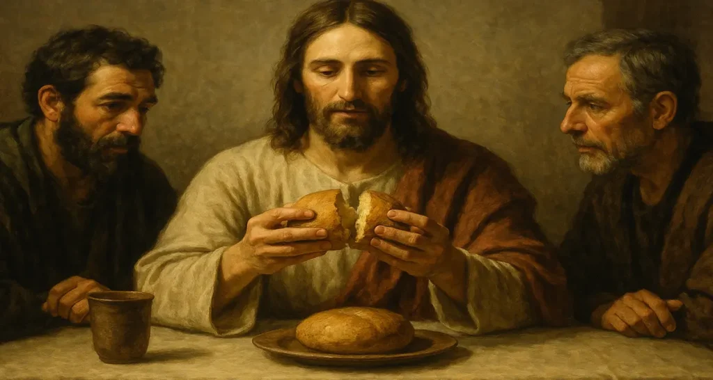 Jesus Christ breaking bread with two disciples at a table, symbolizing the fulfillment of the Bread of the Presence, with a warm, reverent atmosphere and rustic loaves evoking covenant fellowship and divine provision.