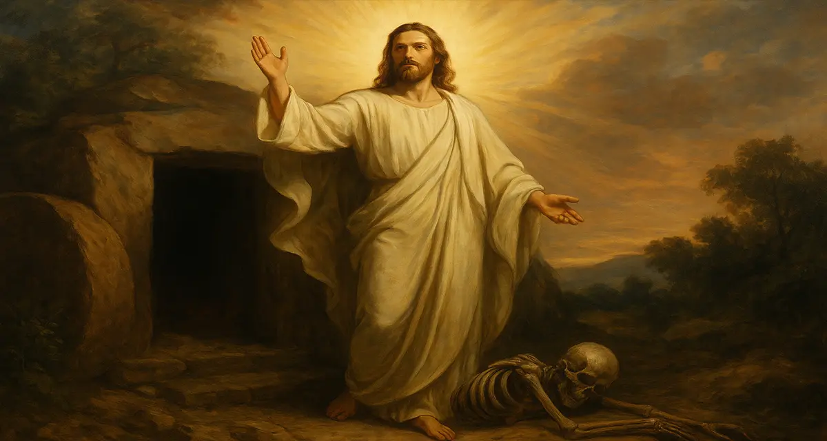 A traditional oil painting depicting the resurrected Jesus Christ standing in radiant light outside an open rock tomb, with a skeletal figure symbolizing death lying defeated at His feet, illustrating Christ's victory over death.
