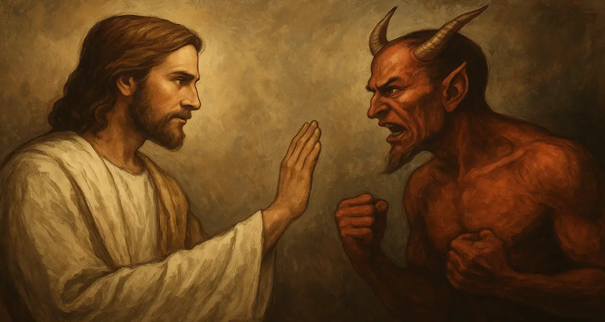 Jesus calmly facing the devil in a dramatic confrontation, symbolizing spiritual authority and victory through truth and submission to God.