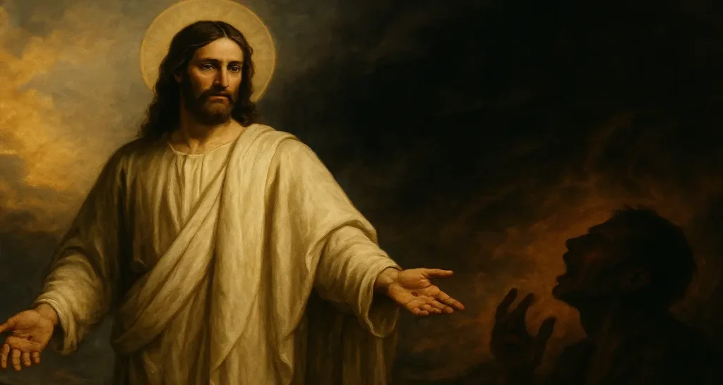 A classical-style oil painting of Jesus standing with open, pierced hands extended in an honorable and solemn gesture. He wears a flowing cream robe, illuminated by golden light, while a shadowed figure in anguish kneels before Him in darkness, symbolizing the final honor of man’s freedom against the backdrop of divine mercy and judgment.