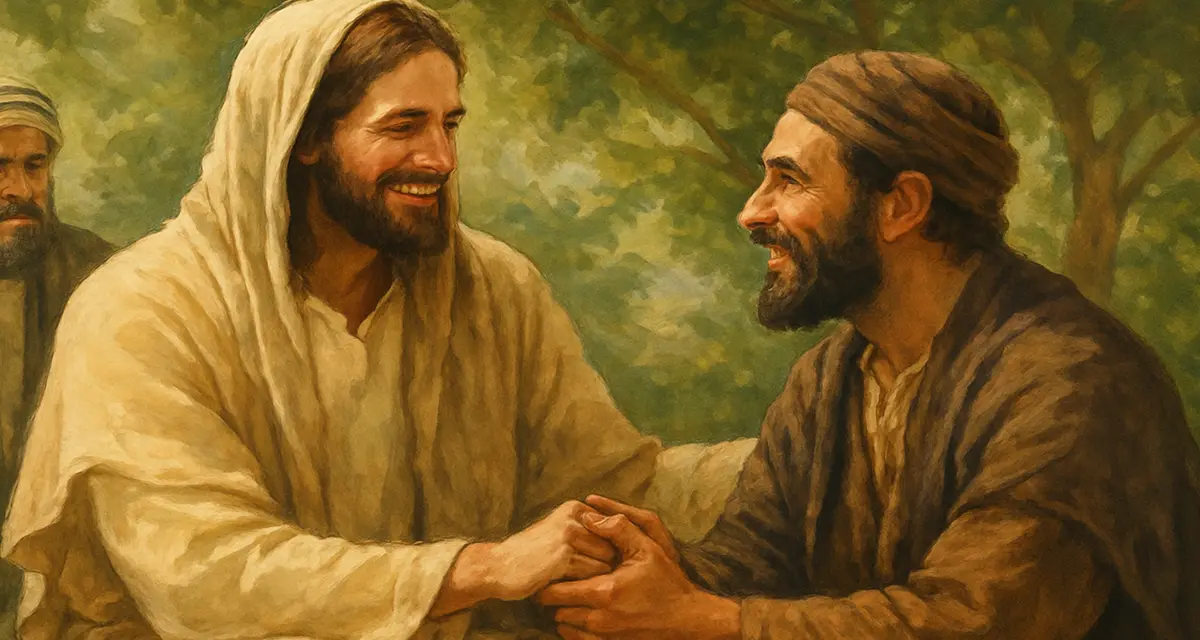 Jesus warmly clasping hands with a joyful man in a peaceful outdoor setting as friends, symbolizing deep divine closeness, while another figure observes quietly in the background.