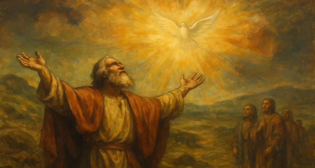 A bearded man in a reddish-brown robe lifts his arms toward a glowing dove in the sky, symbolizing the impartation of God's Spirit. The radiant light forms a heart-like aura around the dove, representing the heart of God being revealed and received by man.