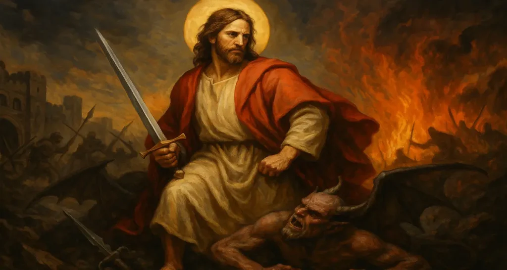 A traditional oil-style painting of Jesus Christ standing victoriously over a defeated demon, holding a sword, with flames and a fortress battle in the background. Silhouettes of the Church march forward in the distance, symbolizing the Church advancing against the gates of hell.