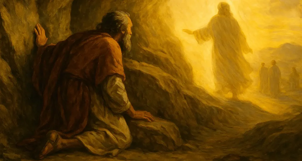 Moses kneels inside a rocky cleft as a radiant golden light fills the scene; God’s luminous figure passes by, extending a hand in blessing and protection, while in the distant glow three faint figures—Jesus, Moses, and Elijah—stand together on the Mount of Transfiguration, symbolizing the meeting of law, prophecy, and divine fulfillment - the Glory of God