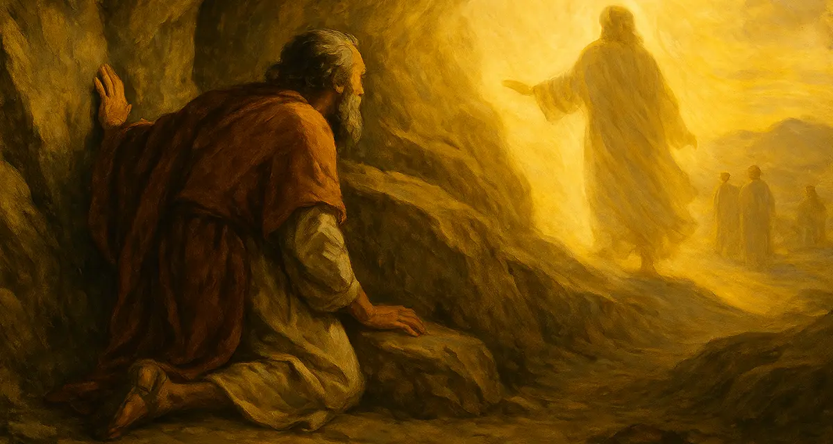 Moses kneels inside a rocky cleft as a radiant golden light fills the scene; God’s luminous figure passes by, extending a hand in blessing and protection, while in the distant glow three faint figures—Jesus, Moses, and Elijah—stand together on the Mount of Transfiguration, symbolizing the meeting of law, prophecy, and divine fulfillment - the Glory of God