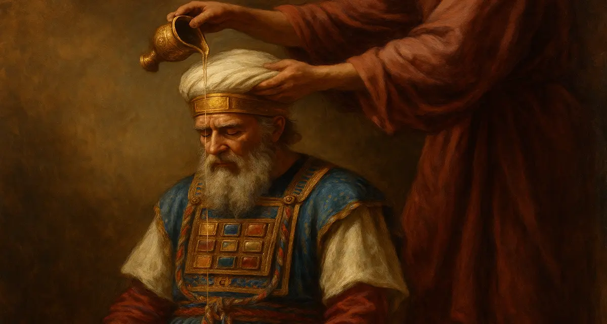 A serene oil painting depicting the anointing of the High Priest, as golden oil flows gracefully from a vessel onto his head and down his beard, symbolizing consecration and unity. The priest’s ornate garments—adorned with gemstones, gold trim, and deep blue fabric—radiate a sense of divine **beauty** and sacred dignity against a warm, softly lit background.