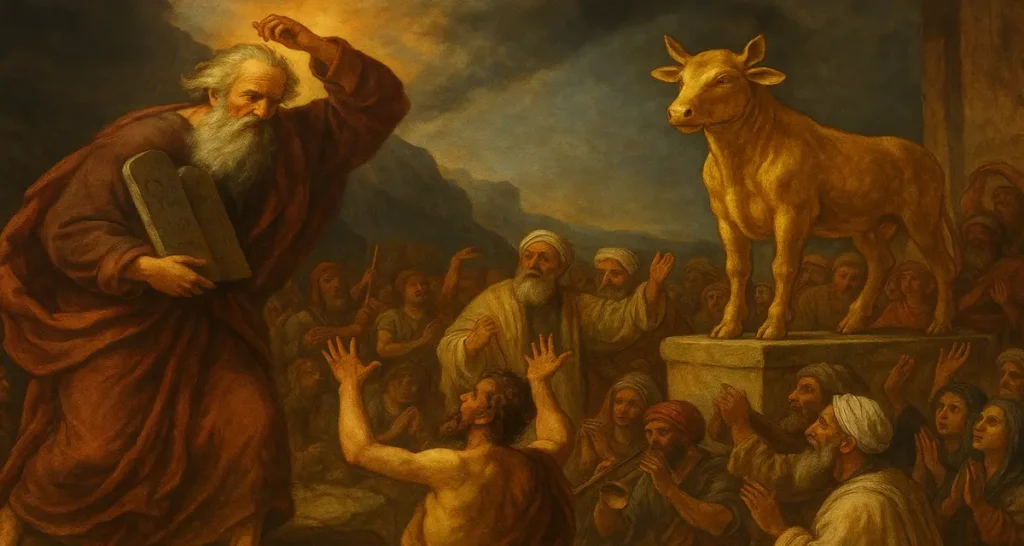 Moses descends Mount Sinai holding the stone tablets while the Israelites worship the golden calf below; the scene contrasts the fiery majesty of the mountain with the chaotic idolatry of the people.