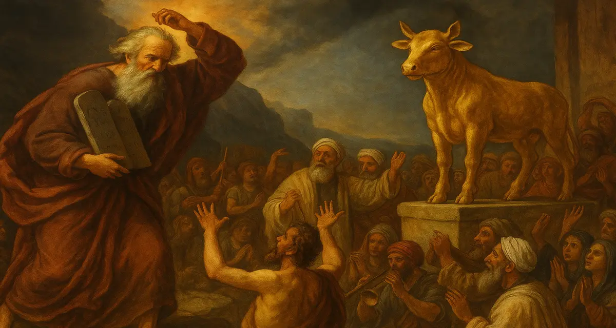 Moses descends Mount Sinai holding the stone tablets while the Israelites worship the golden calf below; the scene contrasts the fiery majesty of the mountain with the chaotic idolatry of the people.