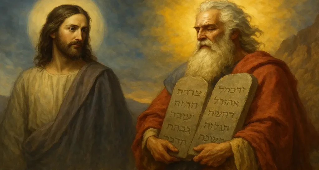 A traditional oil-style painting of Jesus and Moses standing side by side. Jesus, surrounded by a soft radiant halo, gazes calmly toward Moses, who holds the stone tablets glowing with divine glory. A golden light radiates from behind Moses, symbolizing the glory of God, while a cooler, serene sky surrounds Jesus, reflecting the harmony between Law and Grace.*