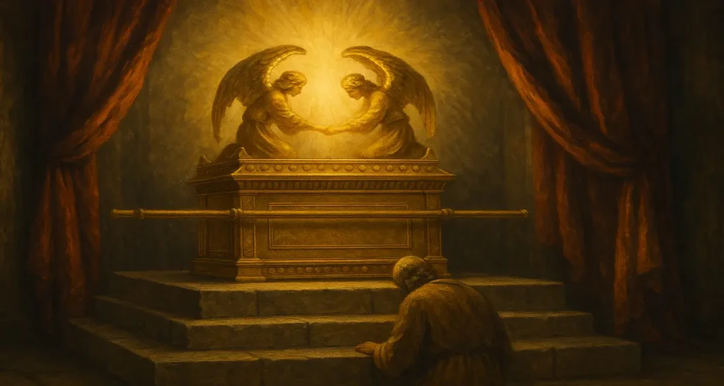 The Ark of the Covenant with the mercy seat above it, flanked by two golden cherubim radiating divine light. The ark rests on a stone platform between rich red curtains, while a solitary figure kneels in reverence before it.