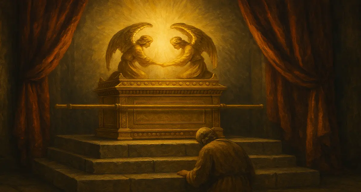 The Ark of the Covenant with the mercy seat above it, flanked by two golden cherubim radiating divine light. The ark rests on a stone platform between rich red curtains, while a solitary figure kneels in reverence before it.