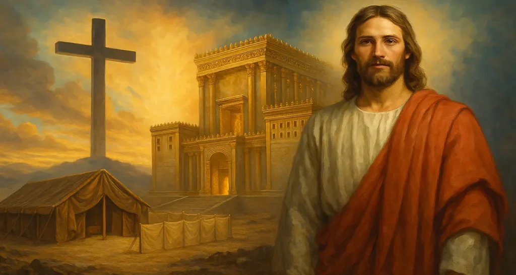 Symbolic painting showing the progression from the wilderness Tabernacle to Solomon’s Temple and finally to Christ as the fulfillment and dawn of the New Creation. On the left is a rugged tent Tabernacle under desert skies, in the center a radiant golden Temple glowing with divine light, and on the right Jesus stands in front of the scene, clothed in white and red, with a large cross behind Him, representing the eternal New Creation fulfilled in Him.