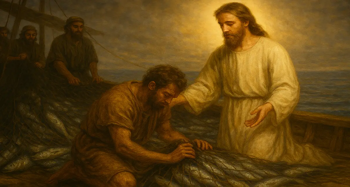 Peter kneels in awe before Jesus in a boat overflowing with fish, overwhelmed by the miracle and the divine presence, while other disciples look on in quiet amazement—capturing a moment of personal revelation, repentance, and calling