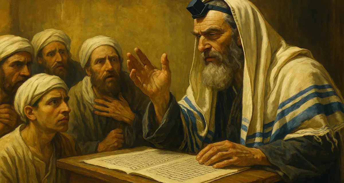 A traditional-style painting of an elderly Jewish teacher passionately explaining the Torah to four attentive listeners wearing head coverings, with warm lighting illuminating an open Hebrew scroll—evoking themes of covenant, instruction, and spiritual legacy.