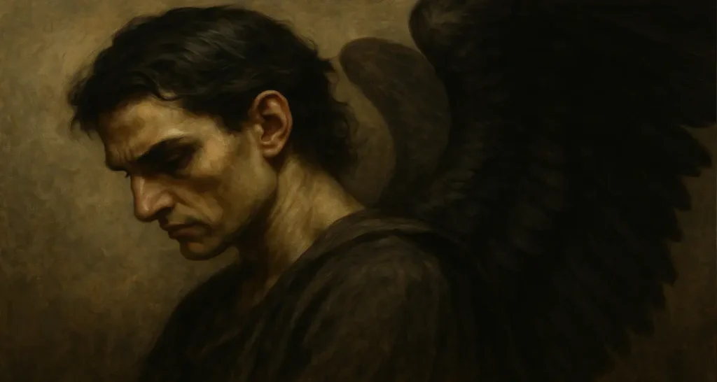 A realistic oil-style painting of a solemn, dark-haired angel with downcast eyes and a brooding expression, clothed in muted tones. A single black wing curves over his shoulder, symbolizing his fallen state. The background is softly textured in earthy, shadowed hues, evoking sorrow and quiet defiance.