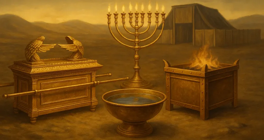 A golden-lit desert scene featuring the ancient Tabernacle, with key sacred furnishings displayed—such as the gold-covered Ark of the Covenant, a gleaming menorah, and the bronze altar and laver—framed by linen walls and soft dunes under a radiant sky.
