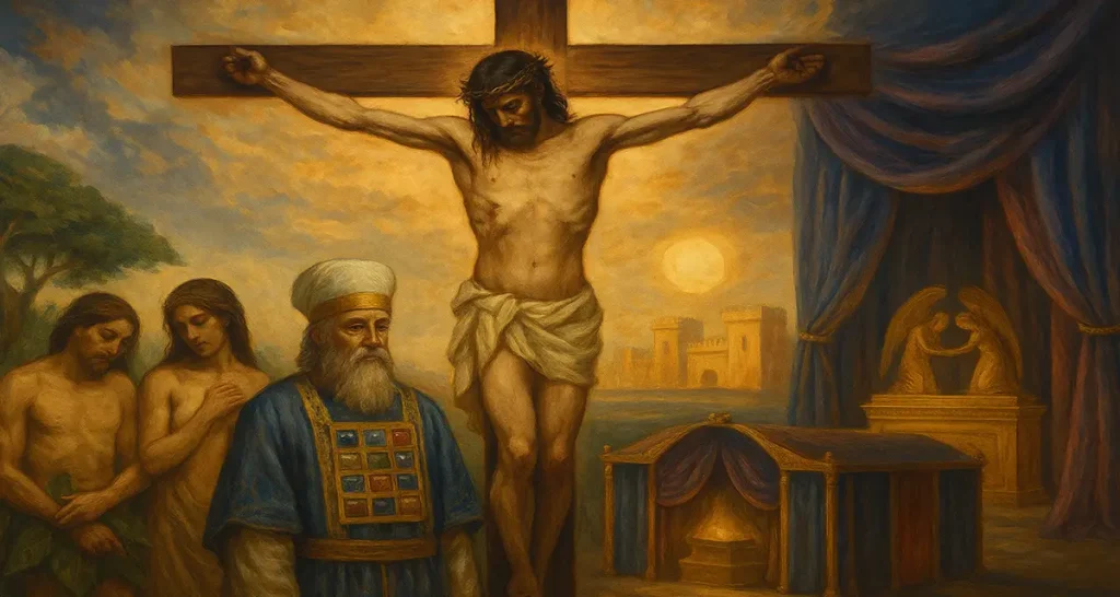 A traditional oil painting showing the cross and Jesus Christ crucified at the center, His body wounded and crowned with thorns, hanging on a wooden cross. Surrounding Him are symbolic figures: Adam and Eve in sorrow, a solemn High Priest in ornate robes, and the tabernacle, all set against a glowing, heavenly Jerusalem skyline with dramatic clouds and divine light breaking through.