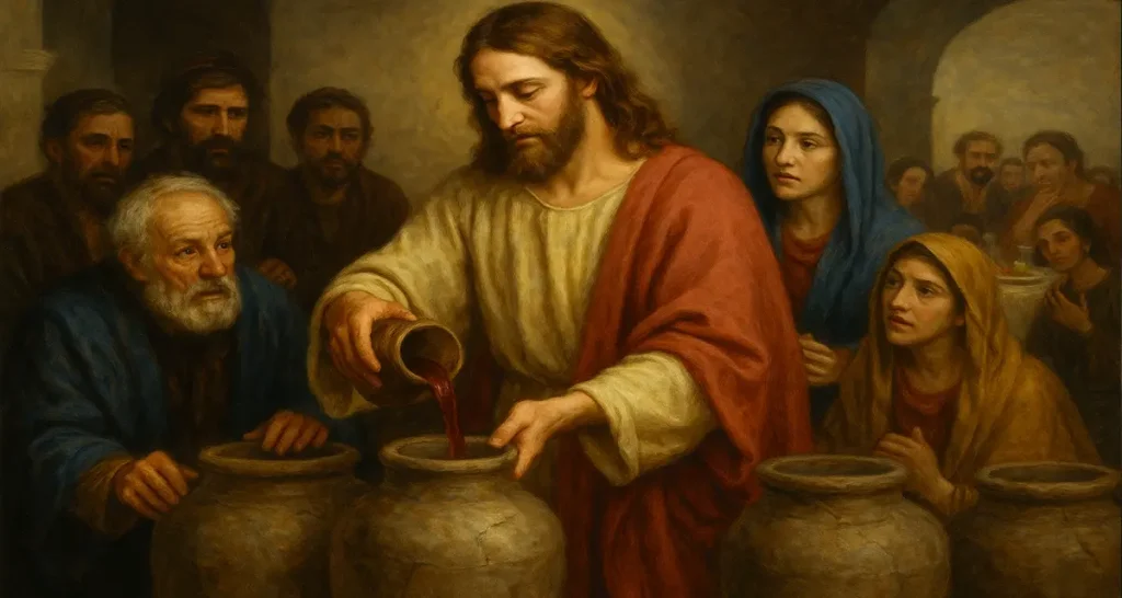 Jesus performing the transformation at the wedding in Cana, pouring wine from a vessel into large stone jars as astonished guests, including Mary, look on—symbolizing divine transformation, grace, and the beginning of His ministry.