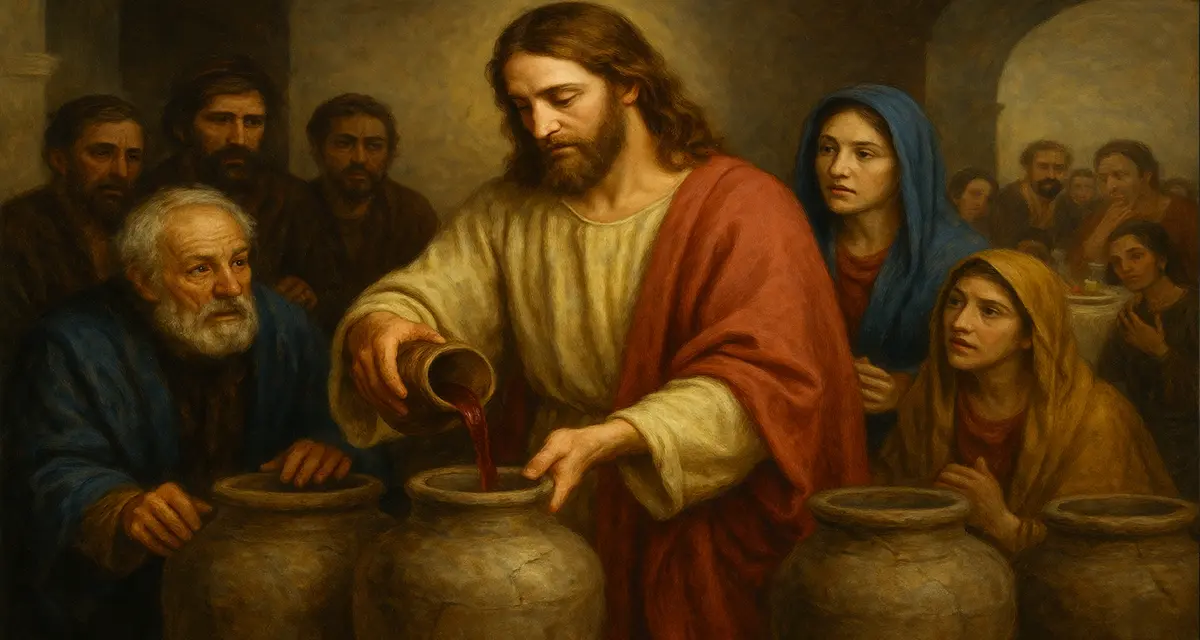 Jesus performing the transformation at the wedding in Cana, pouring wine from a vessel into large stone jars as astonished guests, including Mary, look on—symbolizing divine transformation, grace, and the beginning of His ministry.