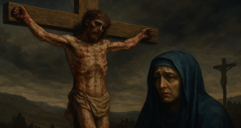 Image of Jesus on the cross in a traditional oil painting style, showing His bloodied and disfigured body with arms outstretched and crowned with thorns, while Mary stands sorrowful in a deep blue robe, highlighting the emotional weight of the crucifixion against a dark, stormy sky.
