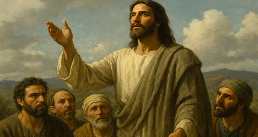 A lifelike painting of Jesus standing outdoors among four attentive disciples, His hand raised as if speaking. The setting includes a partly cloudy sky and rolling hills in the background. The scene evokes calm authority, reflecting the power and peace in the words of Jesus.