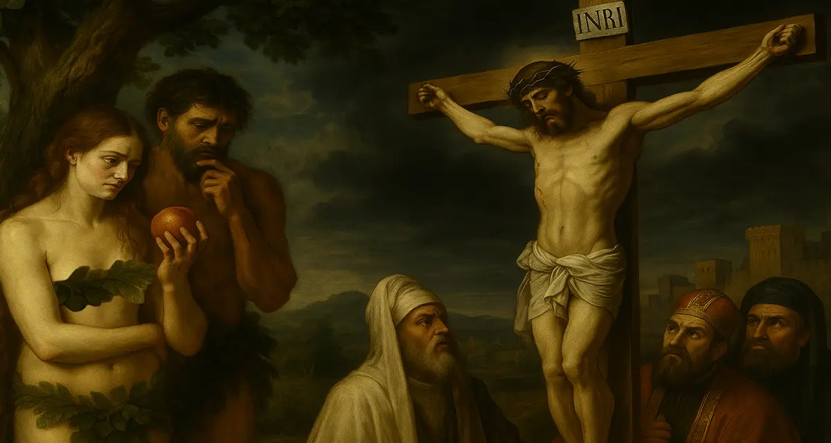 A traditional Baroque-style oil painting contrasting two biblical scenes: on the left, Eve holds the forbidden fruit beside Adam and the serpent under the tree of knowledge; on the right, Jesus is crucified before religious leaders under a stormy sky—symbolizing the theological arc where God is on trial by humanity from Eden to the Cross.