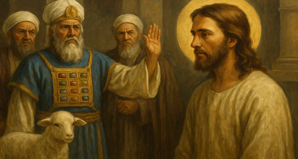 Traditional oil-style painting depicting Jesus in a white robe with a golden halo, standing silently before a stern high priest wearing a richly adorned breastplate and turban, with two other priests behind him and a gentle lamb in the foreground, all set within a warm-lit ancient temple scene.