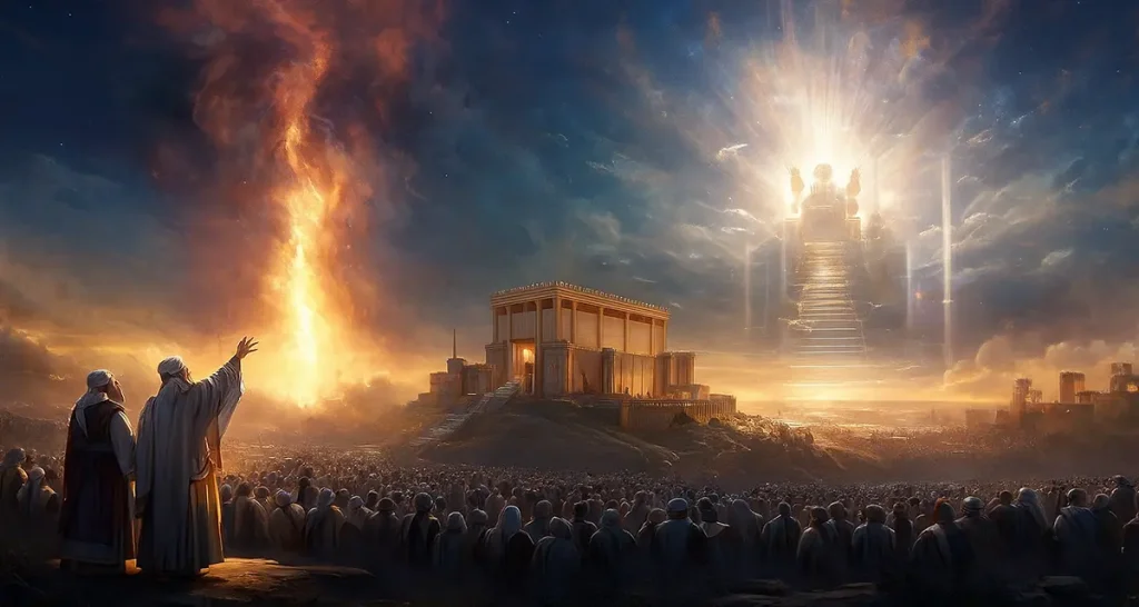 A dramatic biblical scene showing priests and prophets near a radiant temple, evoking the era of David’s longing to build God’s house.