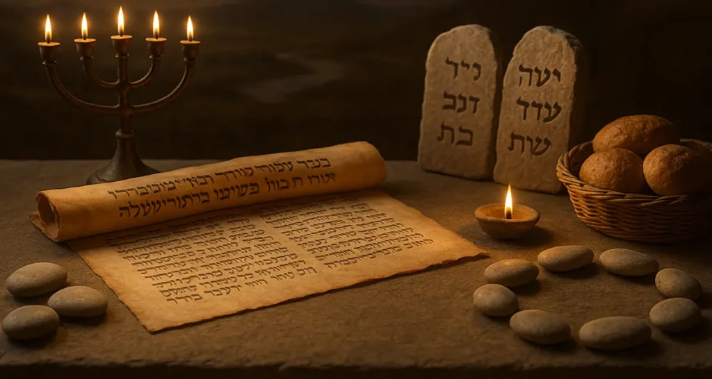 An open Hebrew scroll with symbolic items including a menorah, twelve stones, loaves of bread, and tablets, arranged on a stone table under soft light—illustrating divine patterns in biblical numbers.