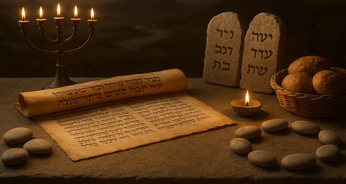 An open Hebrew scroll with symbolic items including a menorah, twelve stones, loaves of bread, and tablets, arranged on a stone table under soft light—illustrating divine patterns in biblical numbers.