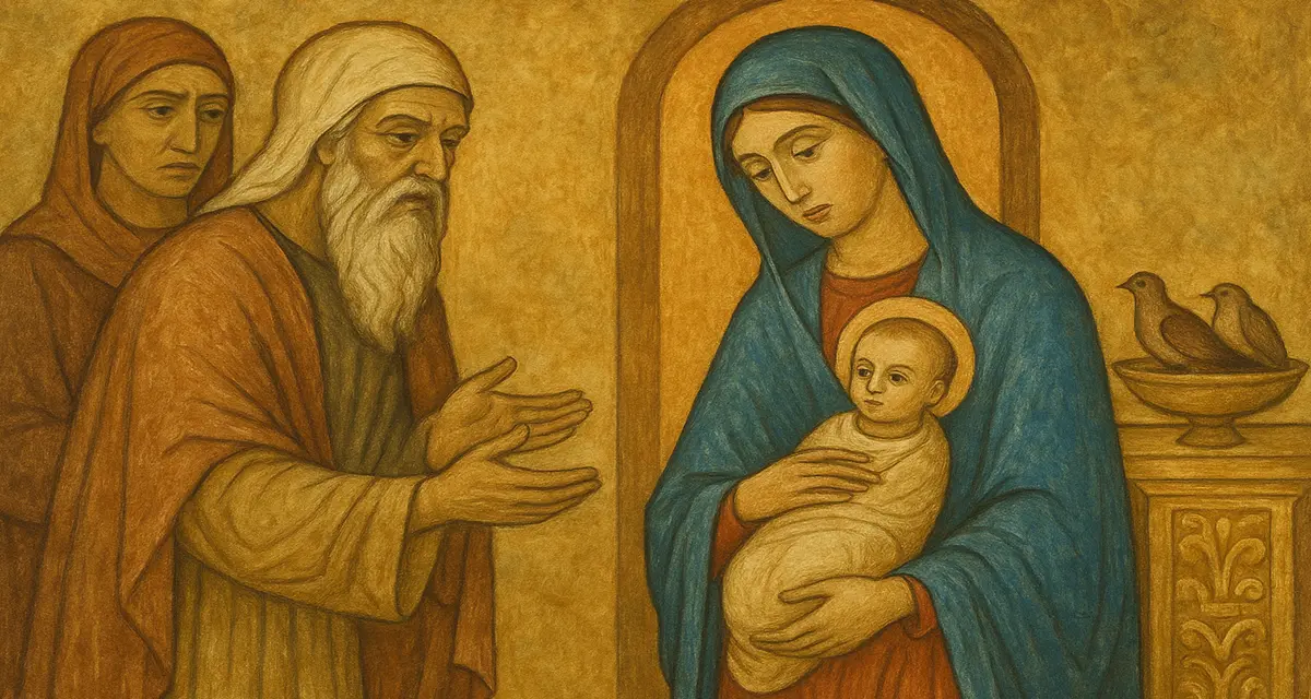 A traditional-style religious painting depicting the purification after childbirth, showing Mary holding baby Jesus while offering two birds at the temple; a priest extends his hands in blessing, symbolizing ritual restoration and holiness.