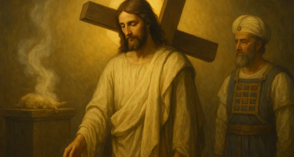 Oil painting of Jesus carrying a cross, standing between a smoking altar and a solemn high priest—symbolizing Him as both the true sacrifice and eternal High Priest, the substance behind the Law’s shadows.