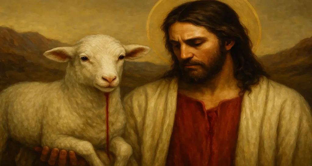 A traditional oil-style painting of Jesus Christ standing beside a white lamb, symbolizing the Lamb of God. A stream of red flows from Jesus’s chest to the lamb, visually representing the cleansing power of His sacrifice. The background features golden hills and a warm sky, evoking peace and reverence. The image reflects the spiritual theme of a conscience cleansed by the blood of Christ.