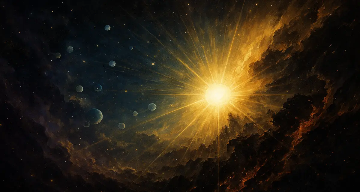 A cosmic scene symbolizing entropy and divine renewal, showing radiant golden light bursting through dark swirling clouds and distant planets, representing God’s power over creation’s decay and re‑creation.